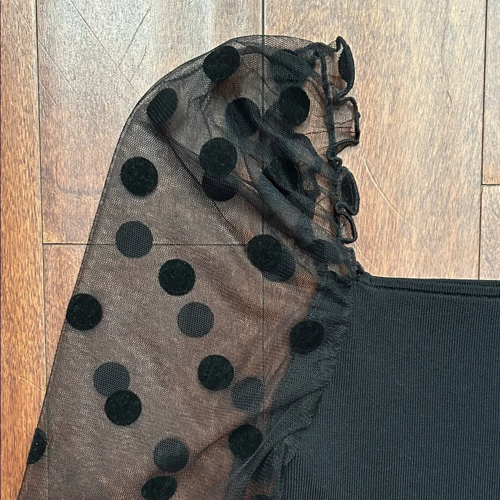 Zara Black Blouse with Polka Dot Mesh Puff Sleeves, Size Small - Picture 5 of 12